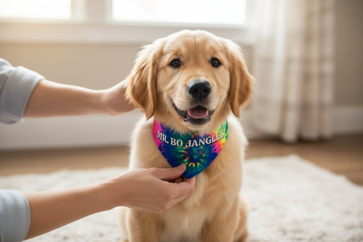 Colorful tie-dye bandana with 'MR. BO JANGLES' text on a puppy