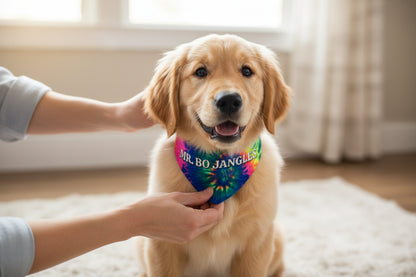 Colorful tie-dye bandana with 'MR. BO JANGLES' text on a puppy