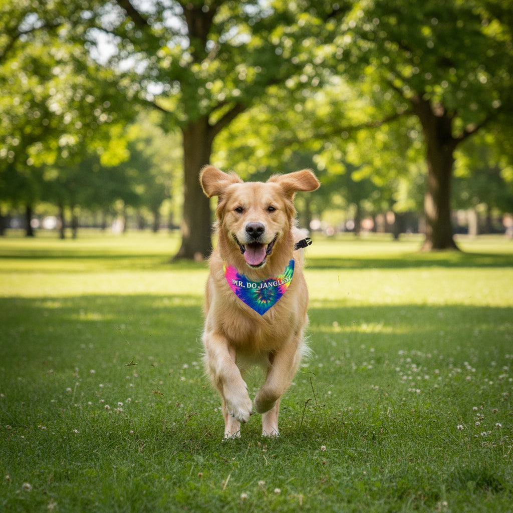 Colorful tie-dye bandana on dog with 'MR. BO JANGLES' text. dog is running on grass at park