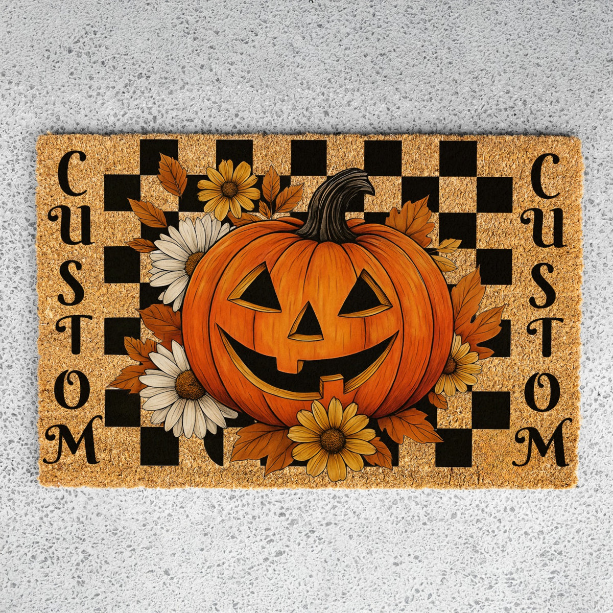 Checkered Pumpkin Flowers Names Doormat