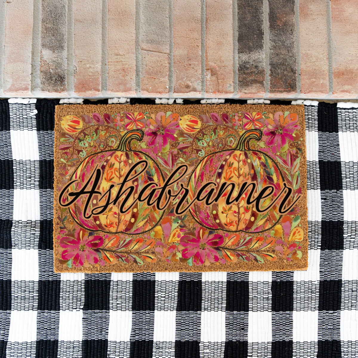 Pink/Orange Floral Pumpkins Name Doormat
