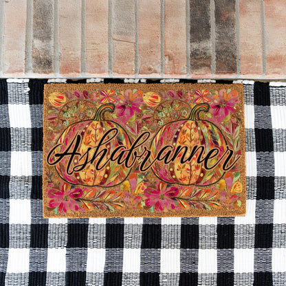 Pink/Orange Floral Pumpkins Name Doormat