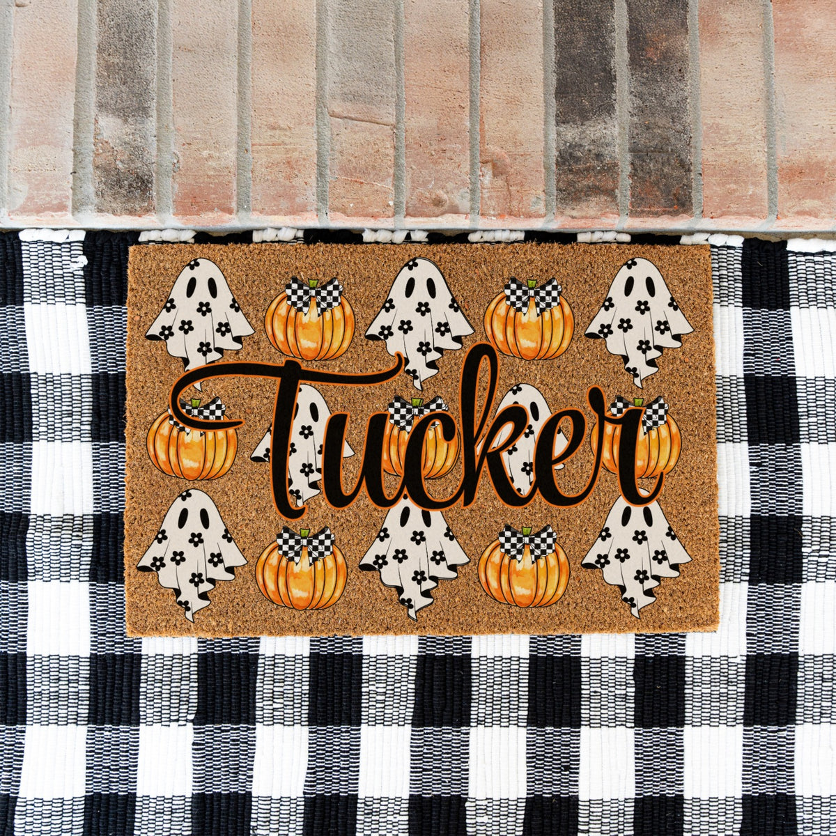 Ghosts & Bow Pumpkins Name Doormat