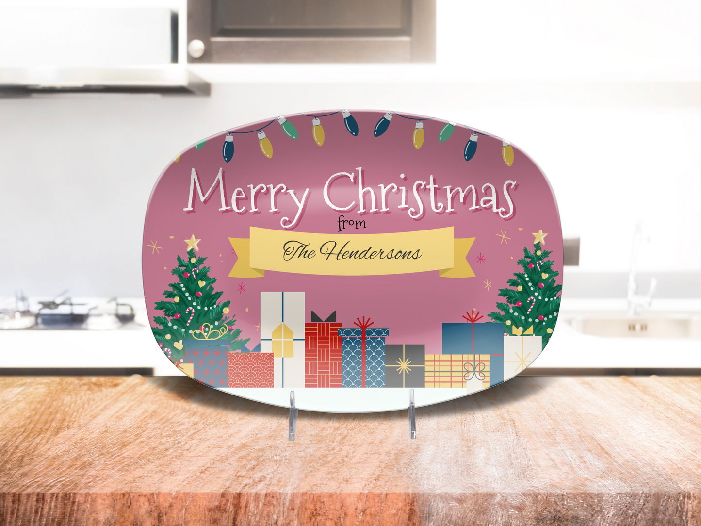 Pink Gifts on Snow Merry Christmas Name Platter