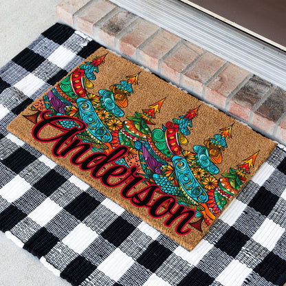 Colorful Pattern Christmas Trees Name Doormat