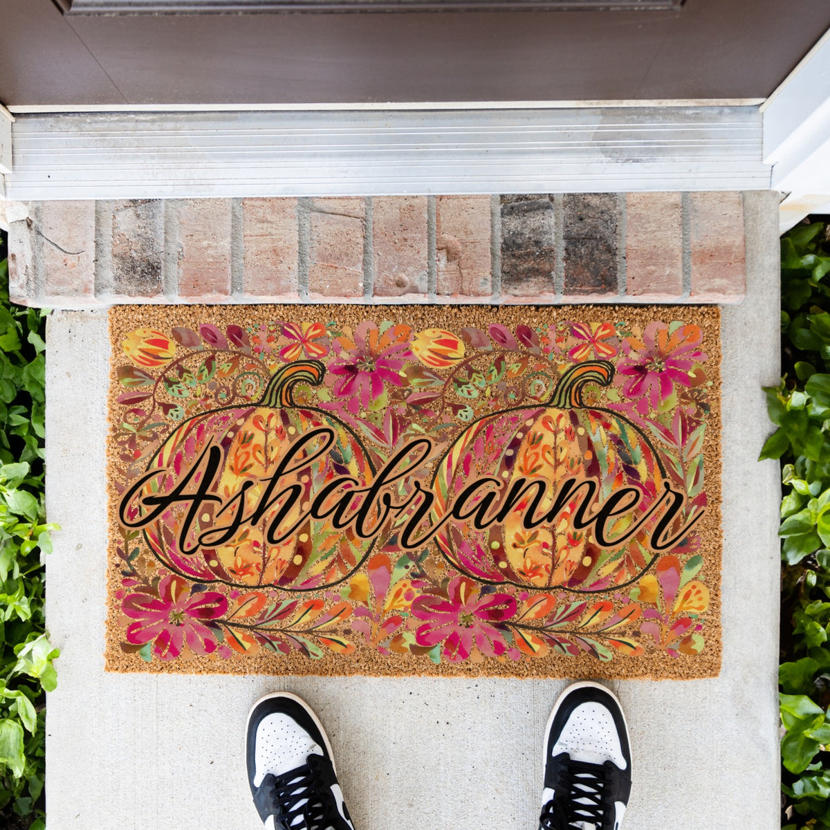 Pink/Orange Floral Pumpkins Name Doormat
