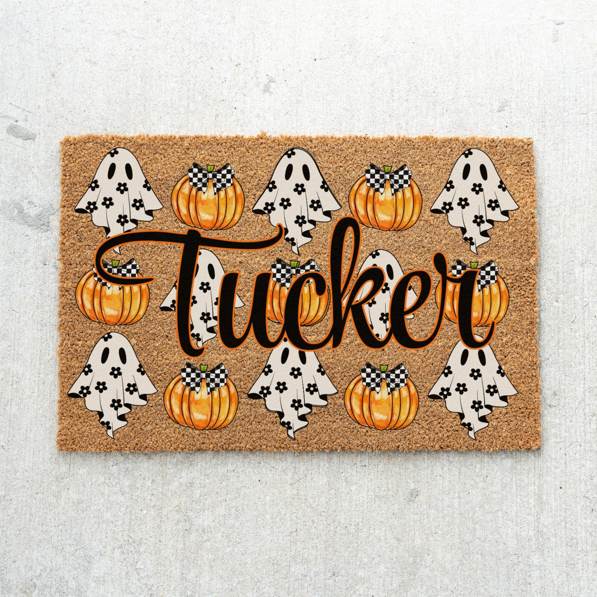 Ghosts & Bow Pumpkins Name Doormat