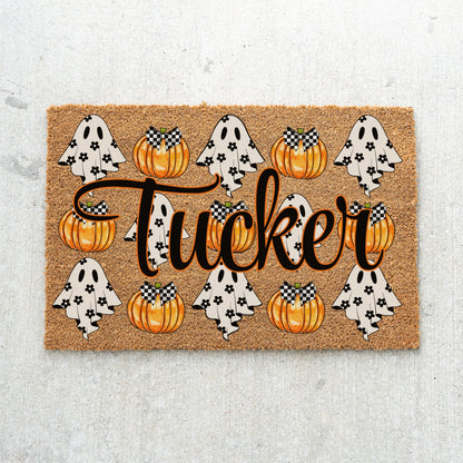 Ghosts & Bow Pumpkins Name Doormat