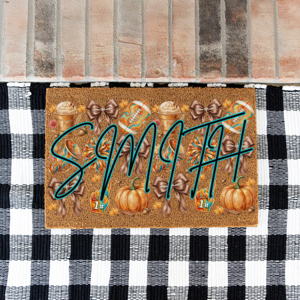 Fall Football Bows Name UV Printed Doormat