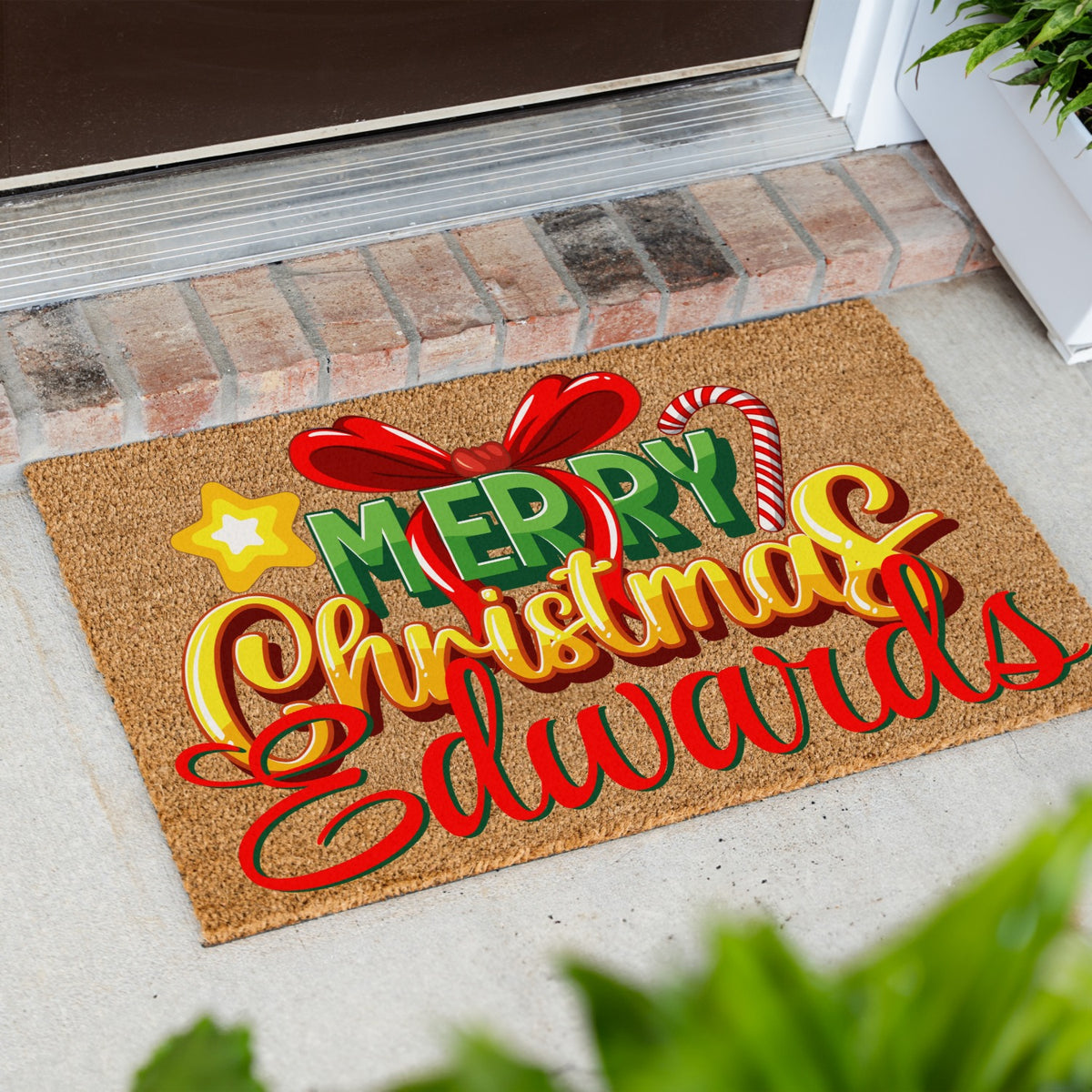 Merry Christmas Bow Star Cane Name Doormat