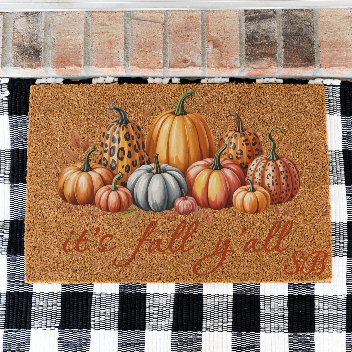 It's fall y'all Leopard Pumpkins Initials UV Printed Doormat