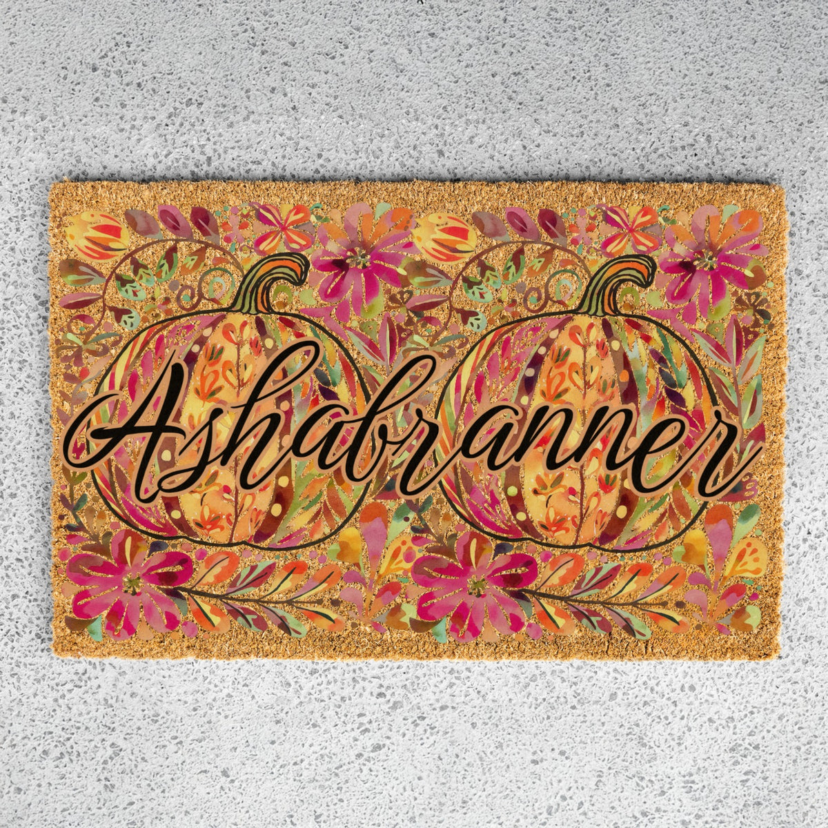 Pink/Orange Floral Pumpkins Name Doormat