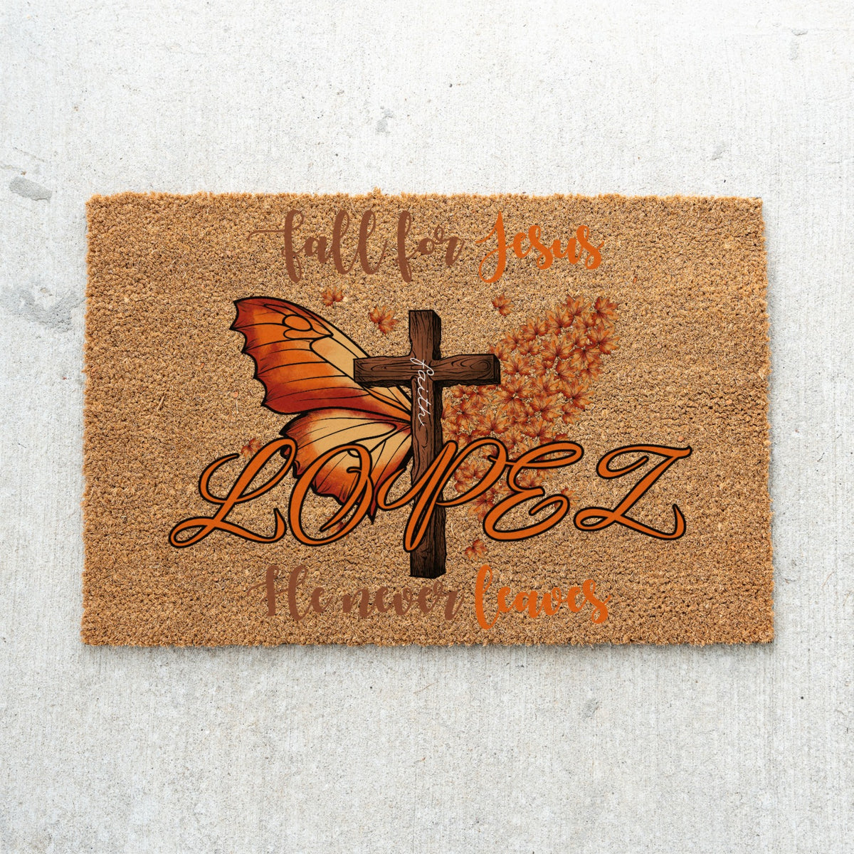 Fall For Jesus Butterfly Cross Leaves Name Doormat