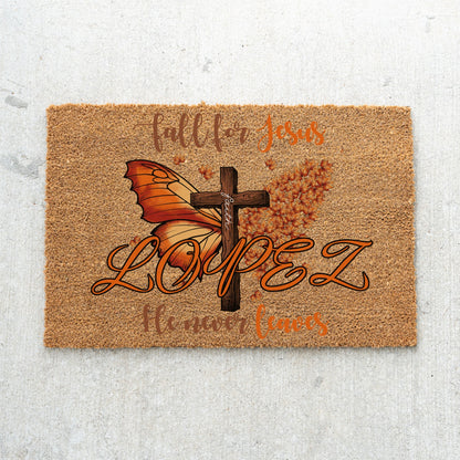 Fall For Jesus Butterfly Cross Leaves Name Doormat