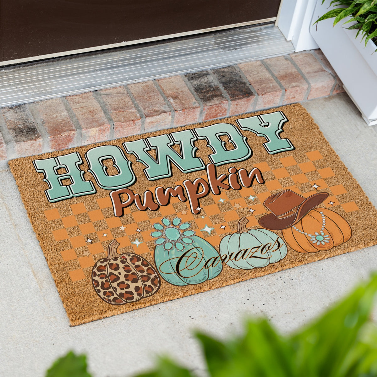 Checkered Howdy Pumpkin Name Doormat