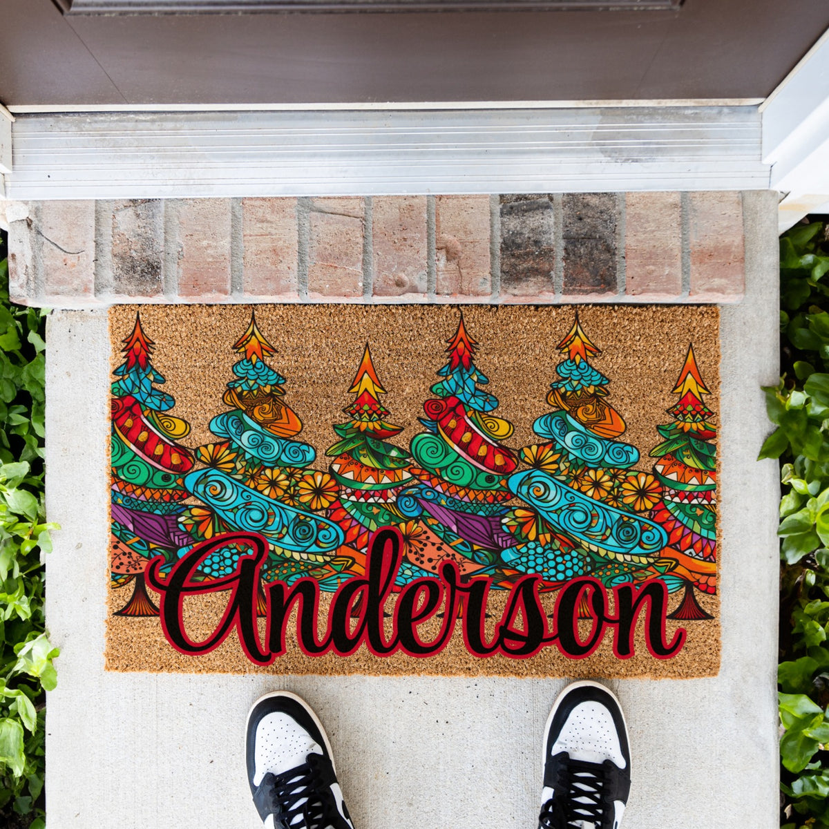 Colorful Pattern Christmas Trees Name Doormat