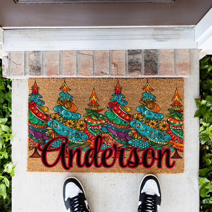 Colorful Pattern Christmas Trees Name Doormat