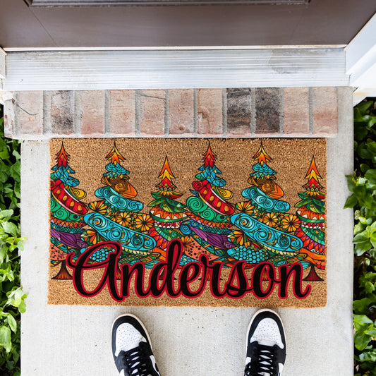 Colorful Pattern Christmas Trees Name Doormat