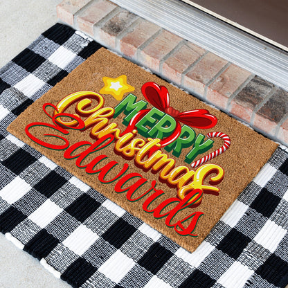 Merry Christmas Bow Star Cane Name Doormat