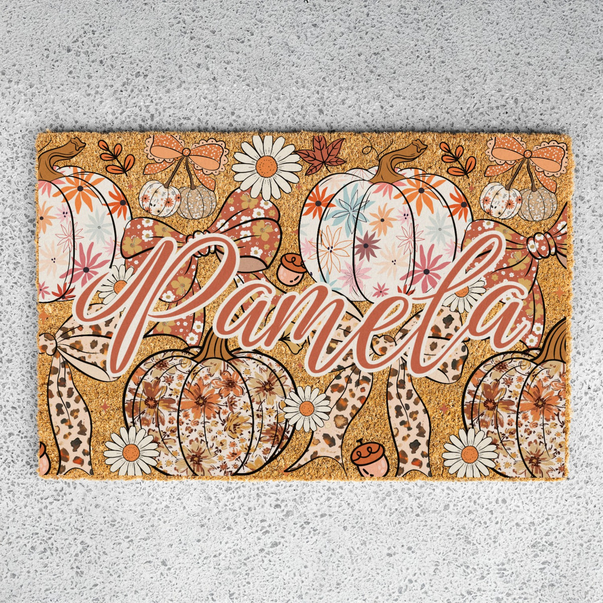 Pastel Pumkins Bows & Daisies Name Doormat