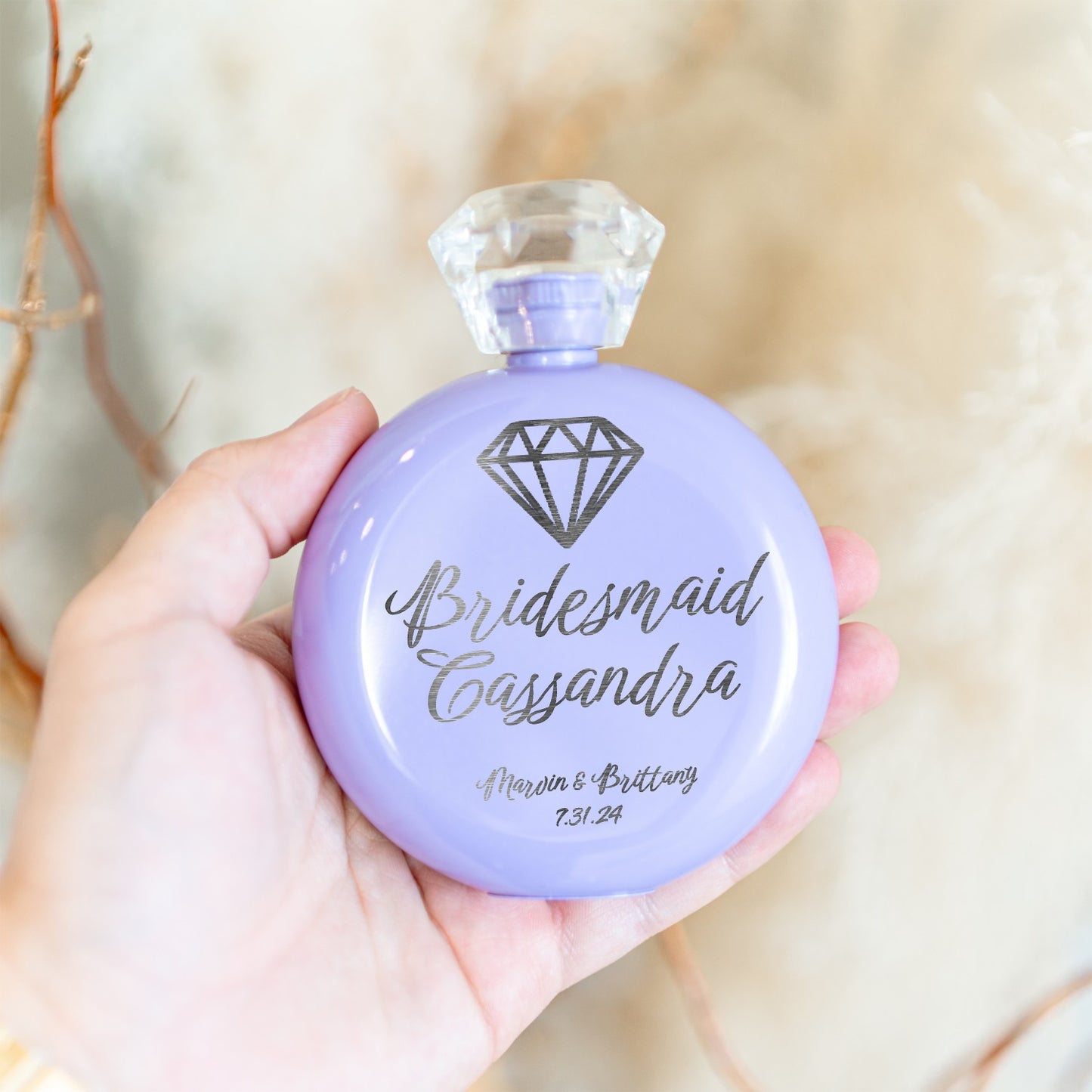 Bridal Party Round Glam Flask - Laser Etched