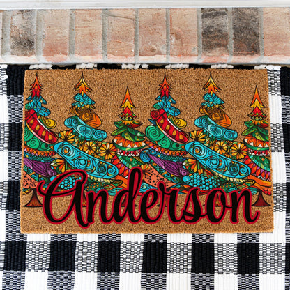 Colorful Pattern Christmas Trees Name Doormat