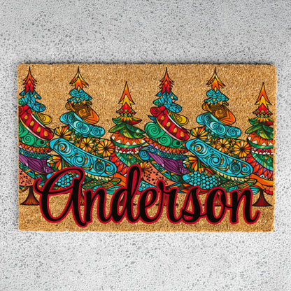 Colorful Pattern Christmas Trees Name Doormat