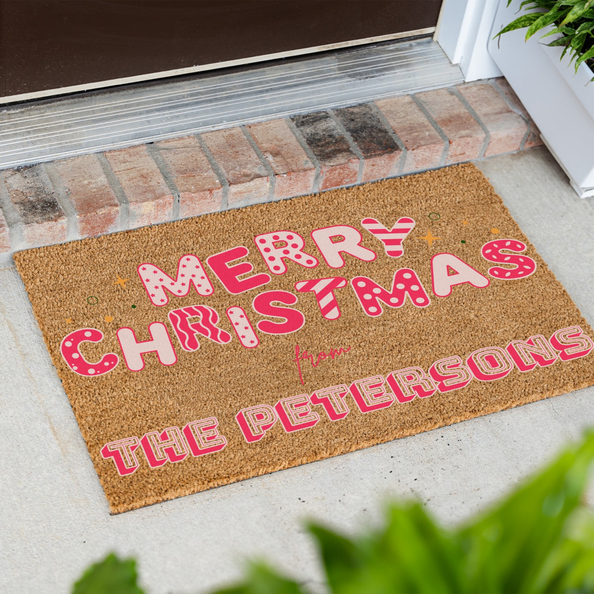 Merry Christmas Pink Name Doormat