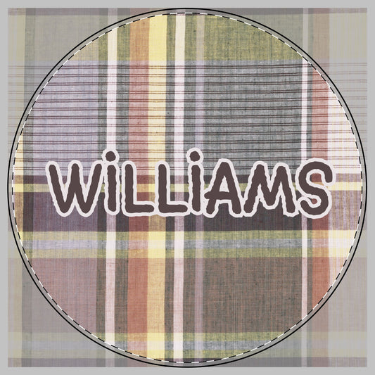 A circular plaid pattern in muted brown, beige, yellow, and gray tones, featuring the name 'WILLIAMS' in dark brown letters with a white outline across the center to be on a cutting board.