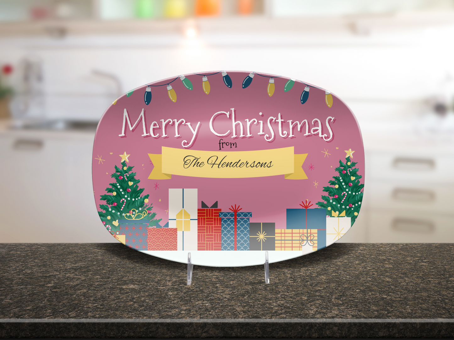 Pink Gifts on Snow Merry Christmas Name Platter