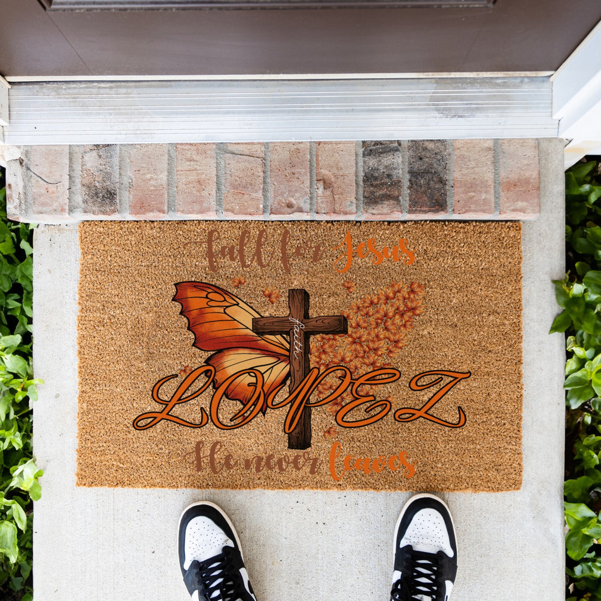 Fall For Jesus Butterfly Cross Leaves Name Doormat