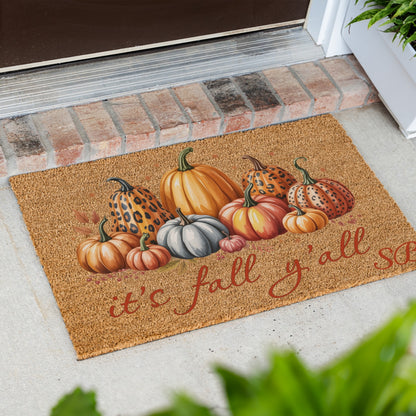 It's fall y'all Leopard Pumpkins Initials UV Printed Doormat