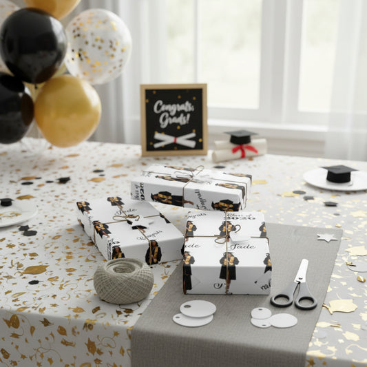 Graduation-themed gift wrap with a person in cap and gown, 'Congrats' text, and 'Class of 2026' on a white background.