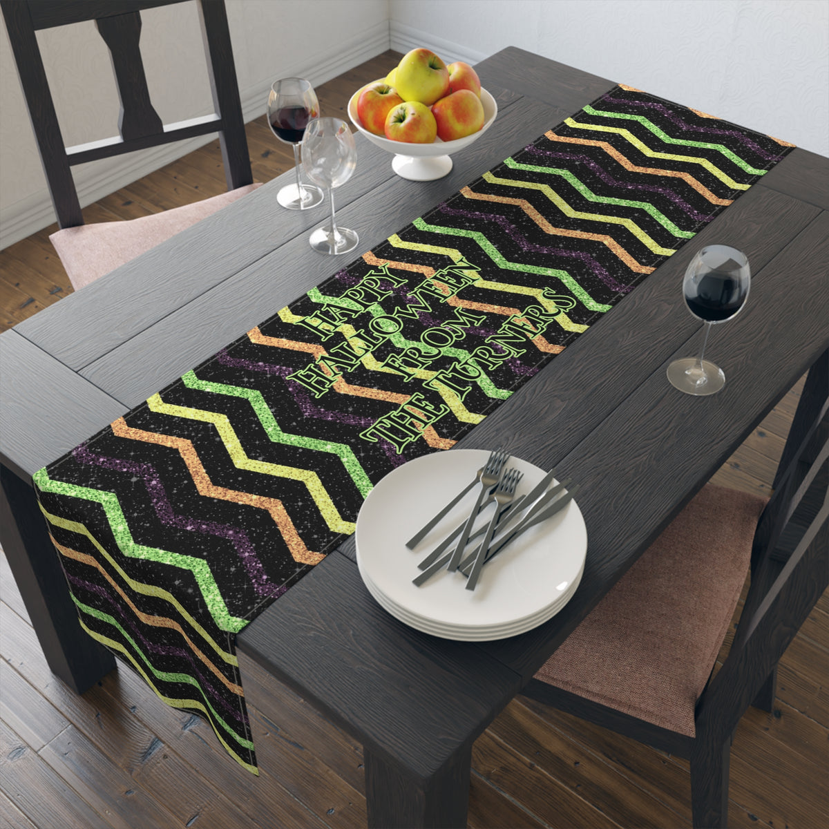 Glitter "Look" Design Happy Halloween Name Table Runner (Cotton, Poly)