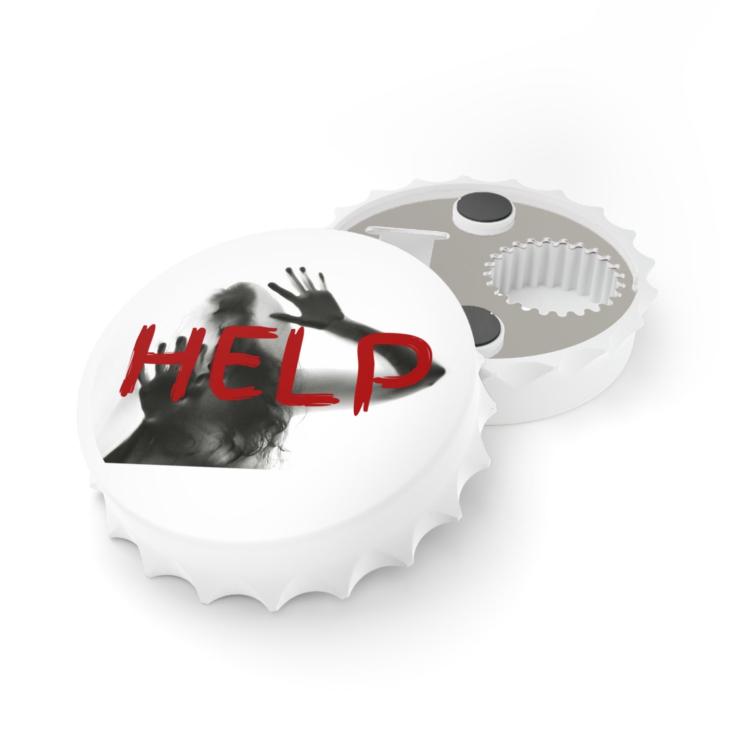 A white bottle-cap-shaped bottle opene shown in a white background, with a printed graphic on the lid featuring a black-and-white girl, raised hands, and the word "HELP" in red.