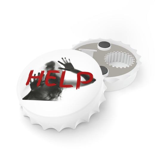 A white bottle-cap-shaped bottle opene shown in a white background, with a printed graphic on the lid featuring a black-and-white girl, raised hands, and the word "HELP" in red.