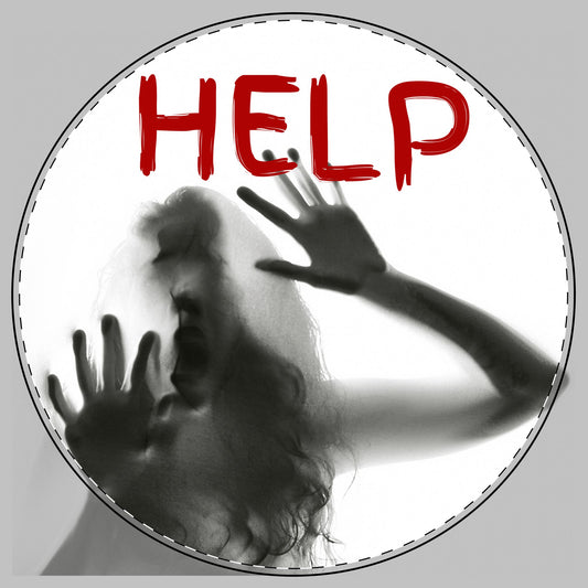 A circular graphic with a black-and-white silhouette of a screaming person pressing their hands against a window, with the word "HELP" in large red letters across the top, set on a white background which will be on a cutting board.