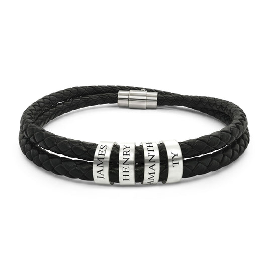 Names Leather Bracelet with Beads (Engraving)