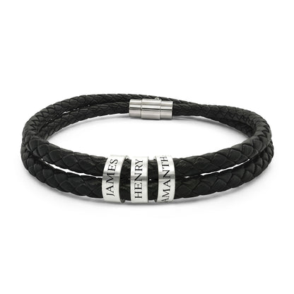 Names Leather Bracelet with Beads (Engraving)
