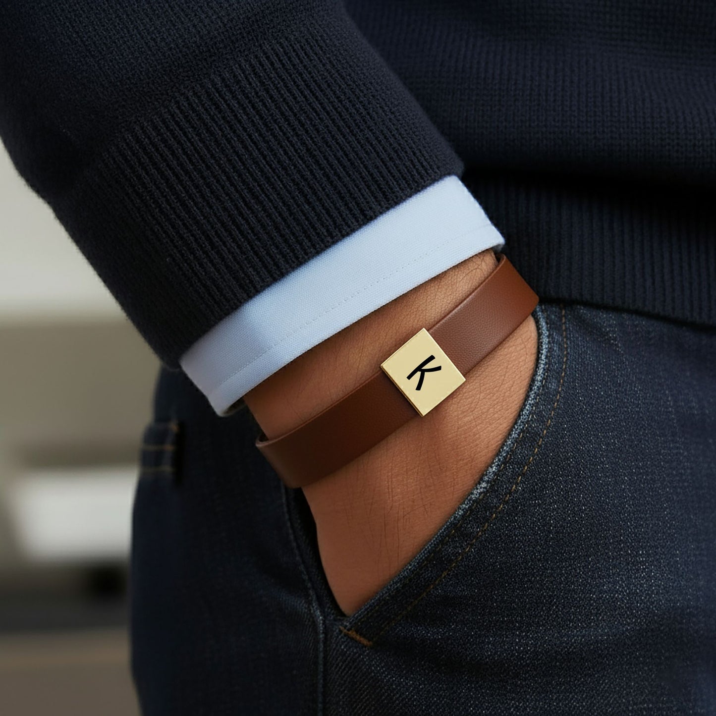 Initial Premium Engraved Men's Leather Bracelet