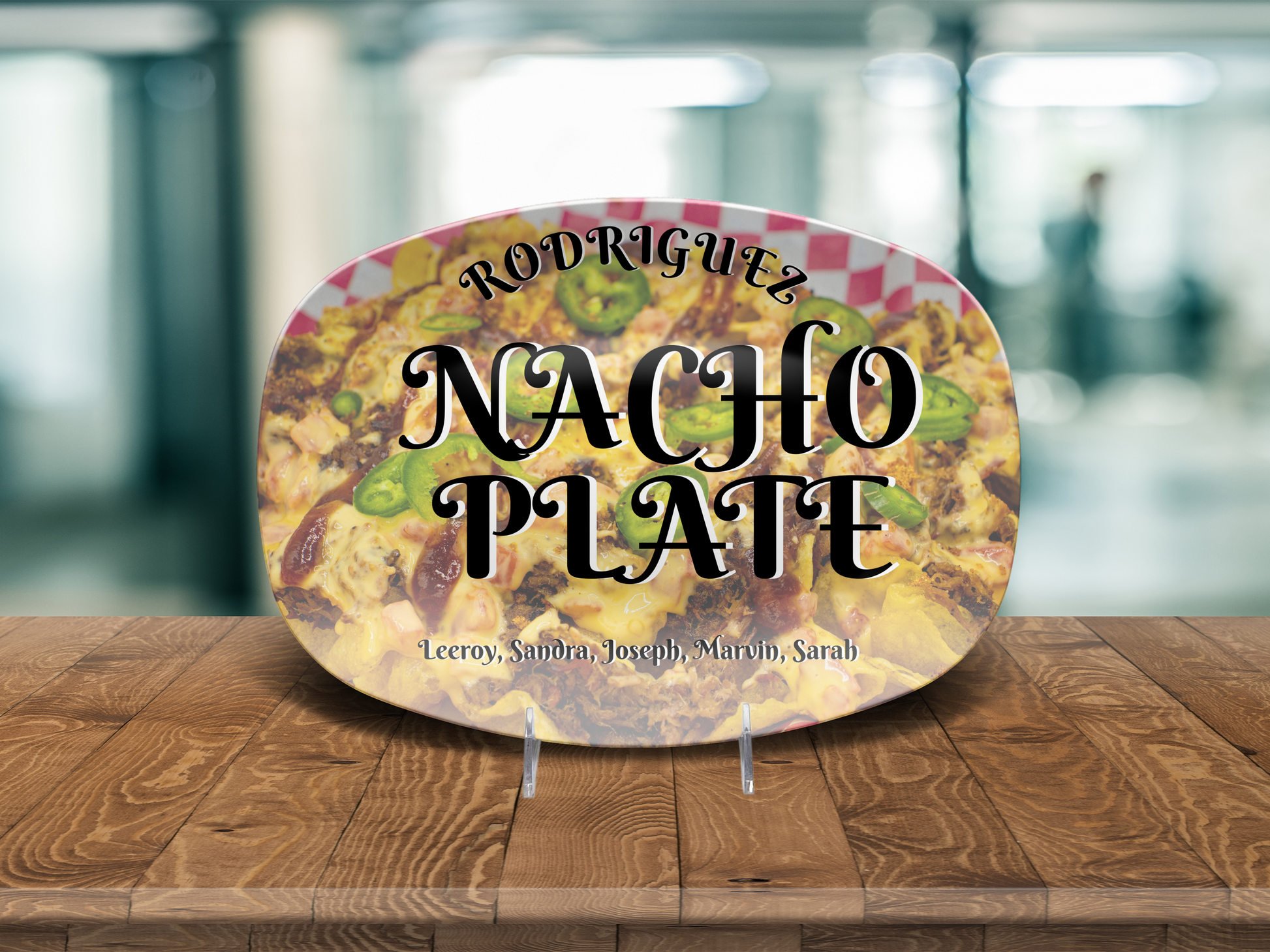 Personalized nacho plate with a background of picture of nachos with less opacity