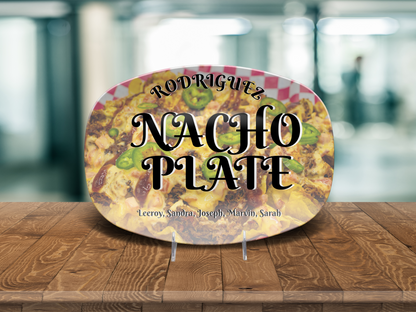 Personalized nacho plate with a background of picture of nachos with less opacity