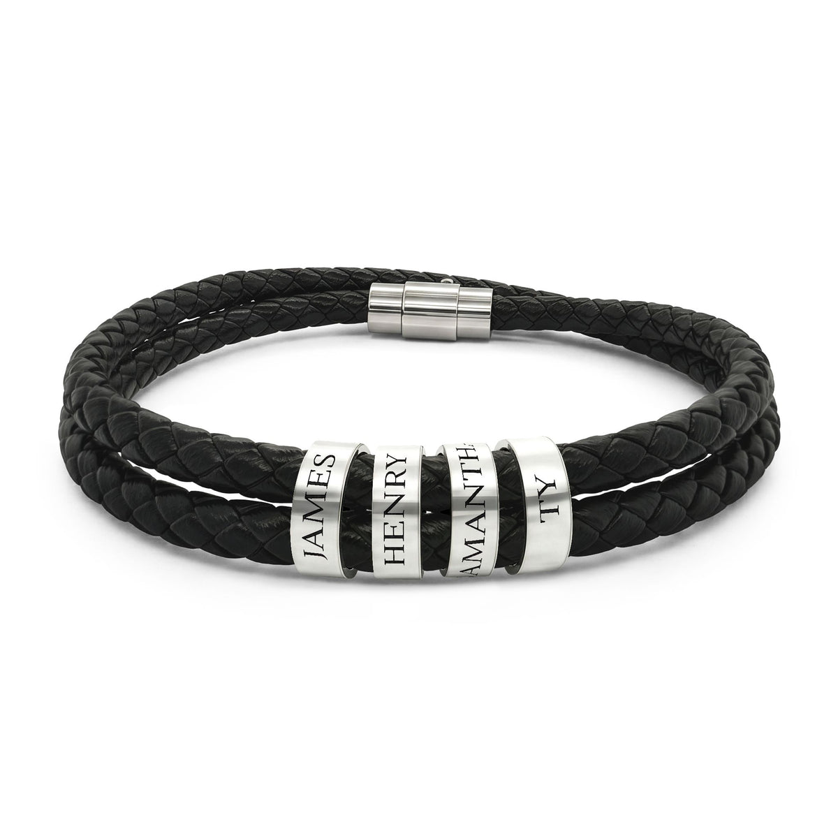 Names Leather Bracelet with Beads (Engraving)