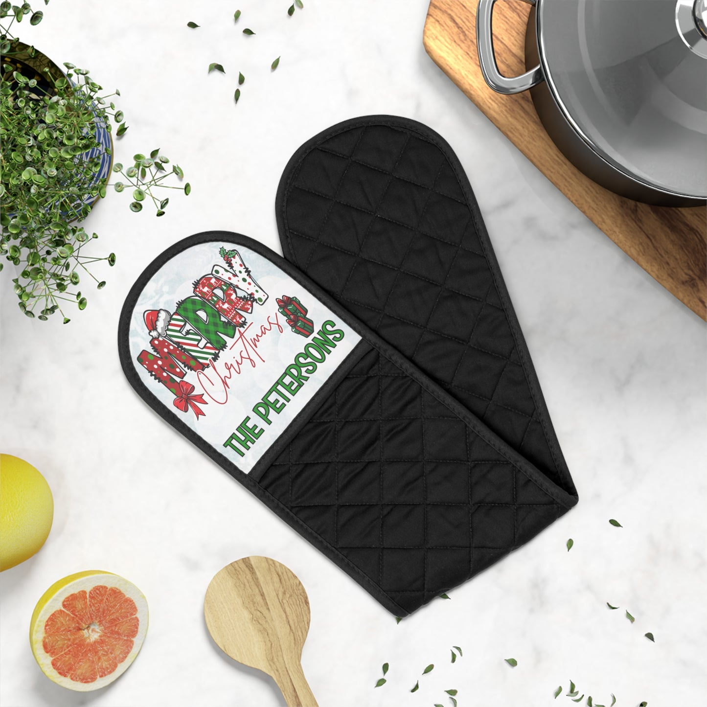 Merry Christmas Name Oven Mitts