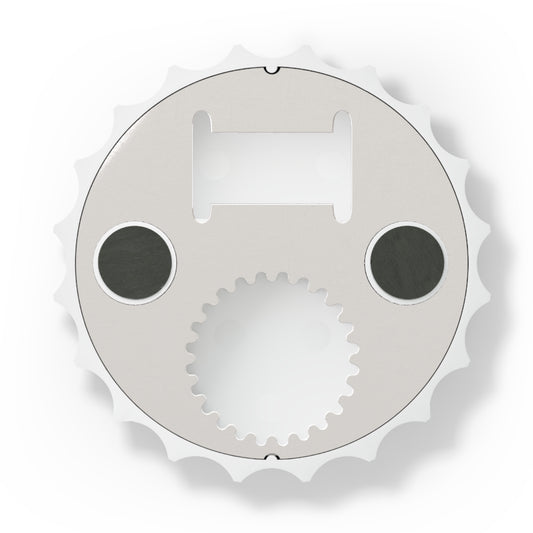 The back of the round bottle opener on a white background