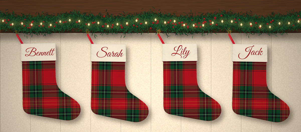 Plaid Tartan Family Christmas Stockings Personalized with Name (Linen)