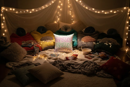 White pillow with colorful 'PENELOPE' text at a sleepover under a tent