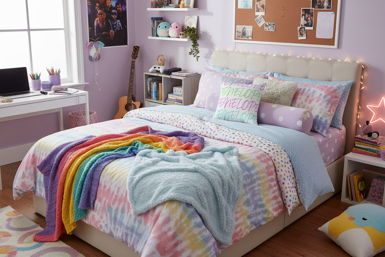 White pillow with colorful text spelling 'Penelope' on a bed