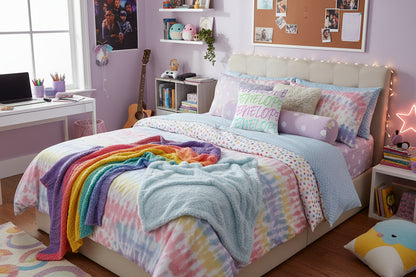 White pillow with colorful text spelling 'Penelope' on a bed