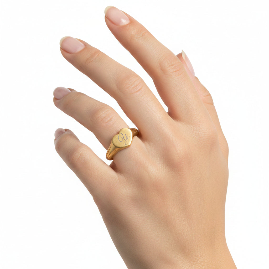 Initial Stainless Steel Heart / Square Signet Ring (Engraving)